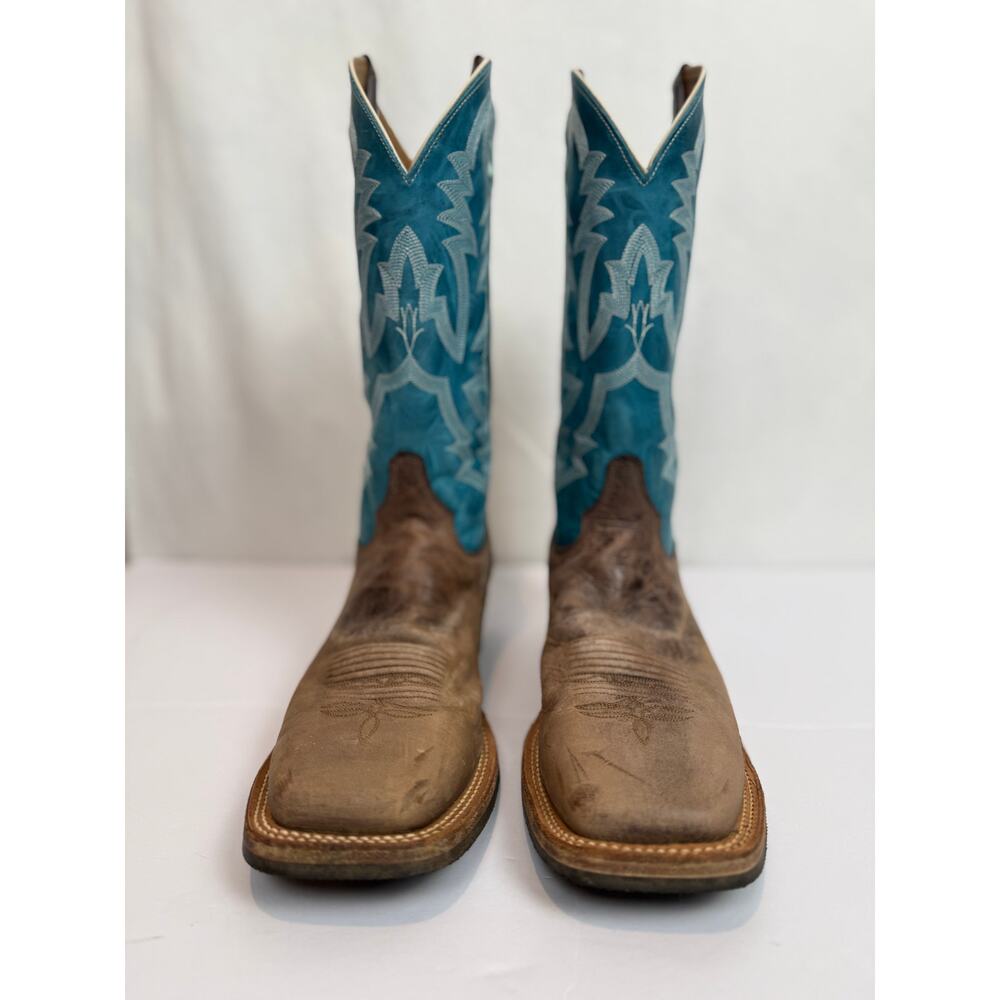 Justin Bent Rail BR377 Cowboy Boot Chocolate Puma Sophia Blue Square Toe 11.5D - Picture 3 of 8